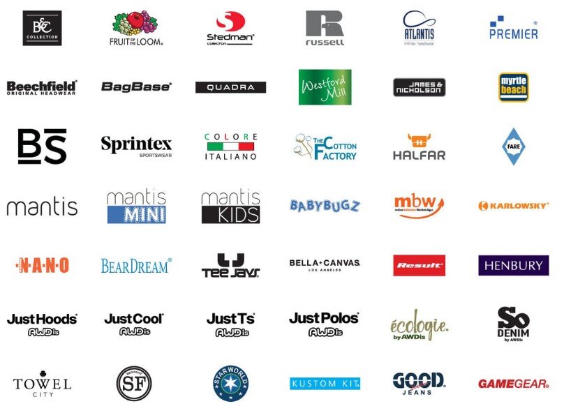 B&C, Fruit of the Loom, Stedman, Russel, Atlantis, Premier, Beechfield, James & Nicholson, BS,